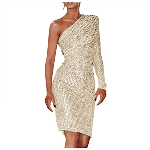 BOTCAM Bandeau Kleider Satinkleider Für Damen Enges Kleid - Glitzer Frauen Elegante Off Shoulder Langarm Bodycon Midikleid Paillettenkleid Mit Gürtel Partykleid Abendkleid Rot Ballkleid Mädchen von BOTCAM