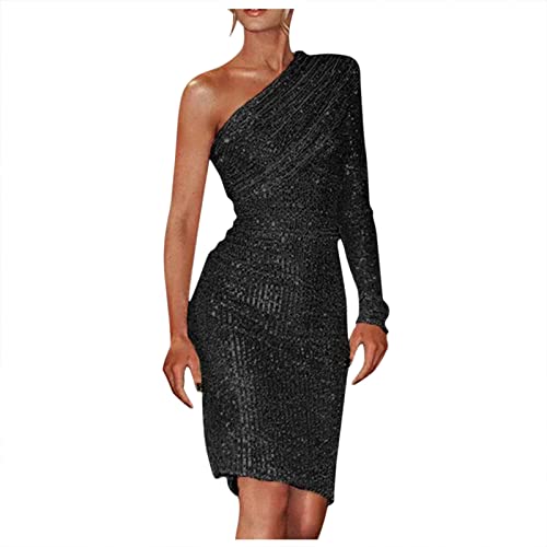 BOTCAM Bandeau Kleider Satinkleider Für Damen Enges Kleid - Glitzer Frauen Elegante Off Shoulder Langarm Bodycon Midikleid Paillettenkleid Mit Gürtel Partykleid Abendkleid Rot Ballkleid Mädchen von BOTCAM