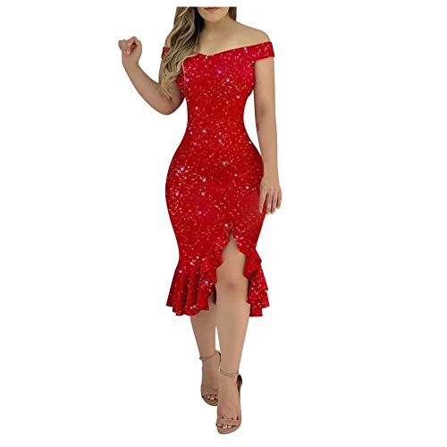 BOTCAM Bandeau Kleider Satinkleider Für Damen Enges Kleid - Glitzer Frauen Elegante Off Shoulder Langarm Bodycon Midikleid Paillettenkleid Mit Gürtel Partykleid Abendkleid Rot Ballkleid Mädchen von BOTCAM