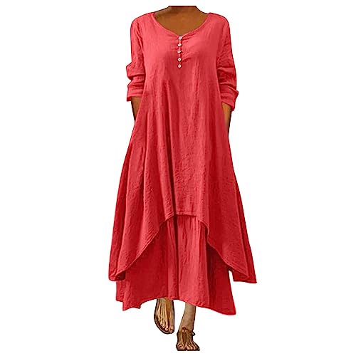 BOTCAM Damen Baumwolle Leinen Einfarbig Kaftan Boho Große Größen mit Taschen Lose Langarm V-Ausschnitt Falten Lange Leinenkleid Schichten Maxikleid Freizeitkleid Casual Oversize Sommerkleid von BOTCAM