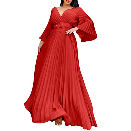 BOTCAM Damen Cocktailkleid Abendparty Damen Abendkleid mit tiefem V-Ausschnitt und Langen Ärmeln in Übergröße mit Gürtel Damen Kleid Elegant von BOTCAM