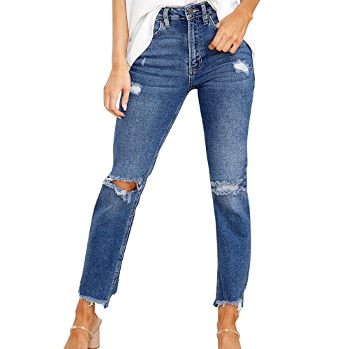 BOTCAM Damen Dehnbare hoch taillierte Boyfriend-Jeans mit geradem Bein und ausgefransten -Denim-Hosen Hose Teenager (Zjsjm1024 1-Blue, L) von BOTCAM