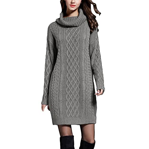 BOTCAM Damen Grobstrick Kleider Rollkragen Langarm Knitted Dress Herbst Winter Warm Strickkleider Elegant Slim Fit Pulloverkleid Minikleid Zopfmuster Freizeitkleid Tube Bodycon Kleid Midikleid von BOTCAM