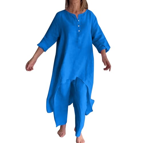 BOTCAM Damen Hosenanzug Sportlich Elegant, Zweiteiler Top und Lang Weit Bein Hose Set Lounge Set Einfarbig Große Größen Freizeitanzug 2 Teiler Set Baggy Atmungsaktiv Sweatsuit Fitnessanzug von BOTCAM