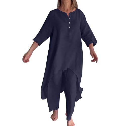 BOTCAM Damen Hosenanzug Sportlich Elegant, Zweiteiler Top und Lang Weit Bein Hose Set Lounge Set Einfarbig Große Größen Freizeitanzug 2 Teiler Set Baggy Atmungsaktiv Sweatsuit Fitnessanzug von BOTCAM