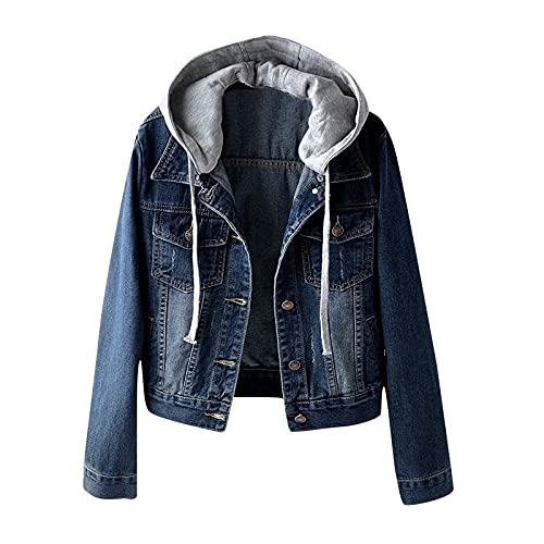 BOTCAM Damen Jacke Jeansjacke Denim Jacket Kapuzenjacke Mit Knöpfen üBergangsjacke Leichte Waschungseffekt Jacke Mit Abnehmbar Kapuze Blau Denim Casual Herbst Jacke Bomberjacke Outwear Kurz Coat von BOTCAM