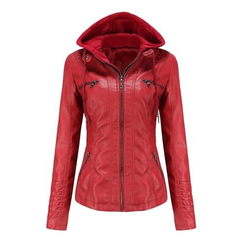 BOTCAM Damen-Kurzmantel, einfarbig, mit Kapuze, Lederjacke Damen Frühlingsjacke (Red, XXXXXXXL) von BOTCAM