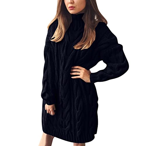 BOTCAM Damen Langarm Oversize Grobstrick Pulloverkleid Mit Rollkragen Strickkleider Knielang Minikleid Zopfmuster Dicke Strickkleid Warm Knitted Dress Baggy Freizeitkleid für Winter von BOTCAM