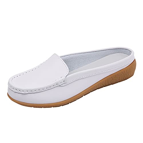 BOTCAM Damen Leder Sandalen Vorne-Geschlossene Pantoletten Hinten Offen Hausschuhe Leicht Lässig Elegant Sommerschuhe Flache Slip-On Slippers Sandalen Weichen Sohlen Loafers Freizeitschuhe von BOTCAM