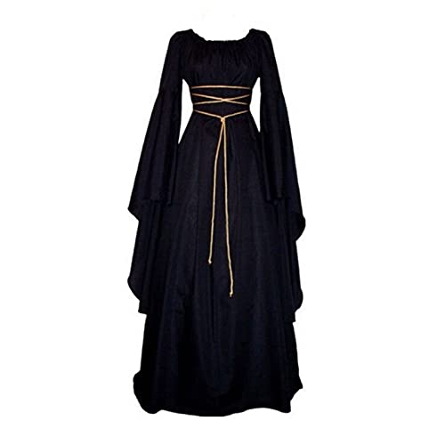 BOTCAM Damen Mittelalter Kleid Trompetenärmel Bodenlanges Retro Kostüm Gewand Gothic Renaissance Viktorianisches Prinzessin Kleidung Hexenkostüm Frauen Festliches Kleider Gebunden Taille Partykleid von BOTCAM