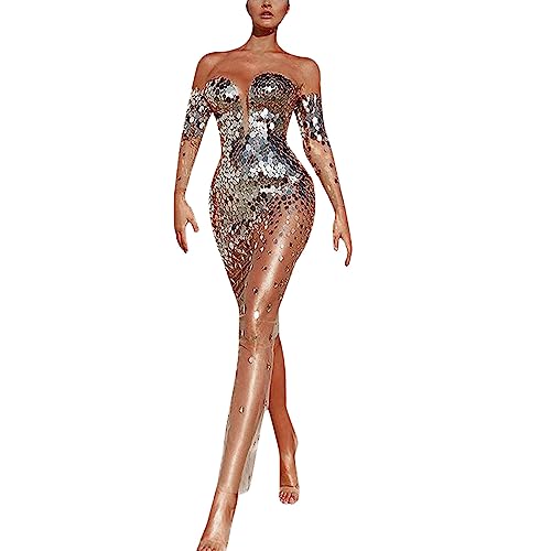 BOTCAM Damen Paillettenkleid Sexy Trägerkleid Mesh Durchsichtige Partykleid Damenkleider Off Shoulder Langarm Kleider Frauen Abendkleider Elegant Bandeau Kleider Lang Kleid Bleistiftkleid Ballkleider von BOTCAM