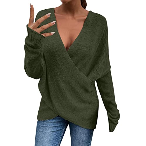 BOTCAM Damen Pullover Herbst Winter Pulli V Ausschnitt Kreuz Strickpullover Sexy Elegant Loose Oberteile Sweatshirt Langarmshirt Tunika Tops Große Größen Knitted Pulli Dünn Slim Fit Strick von BOTCAM