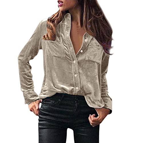 BOTCAM Damen Samt Bluse V-Ausschnitt Hemden Frauen Elegant Einfarbig Langarm Casual Arbeit Oberteile Mit Knöpfen Tops Langarmshirt Bluse Loose Oberteile Tops Shirts Für Frauen Business Hemdbluse von BOTCAM