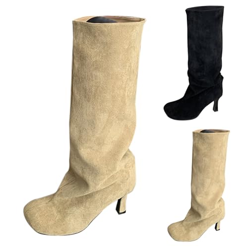 BOTCAM Damen Stiefel Schuhe Wildleder-Optik Cowboystiefel Retro Renaissance-Schlupfstiefel Schlupfdesign, Wadenlang Mittelhoher Stiefeletten Wasserdicht Übergangsstiefel Kitten Heels von BOTCAM