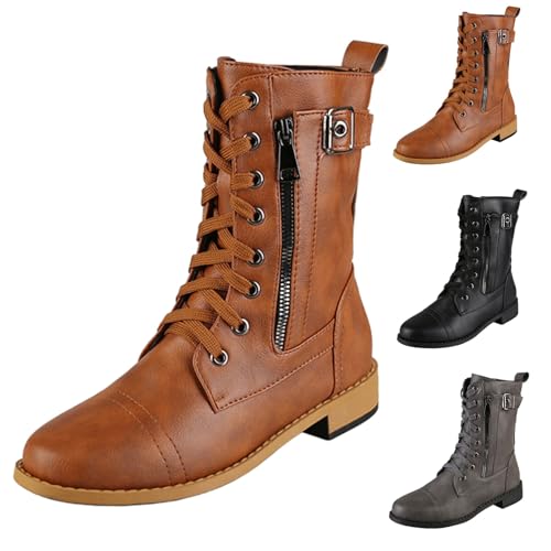 BOTCAM Damen-Stiefel im Cowboy-Stil Halbhoch Ankle-Boots Stiefeletten Mit Rutschfest Sohle Wasserdicht Mittelhoher Cowboystiefel Halbstiefel Schnürstiefel Mit Reißverschluss Übergangsstiefel von BOTCAM