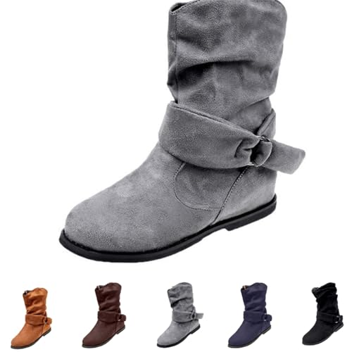 BOTCAM Damen Stiefeletten Mit Schnalle Klassischer Halbhohe Stiefel Mittelhohe Cowboystiefel Flache Wildleder Elegante Halbstiefel Vintage Frauen Winterschuhe Lederschuhe Damenstiefel Schlupfstiefel von BOTCAM