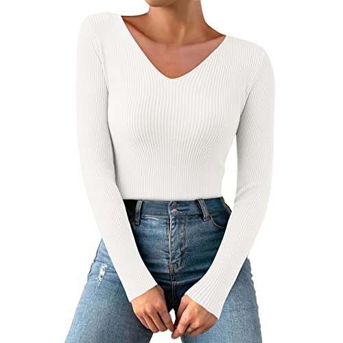 BOTCAM Damen Strickpullover Herbst Outfit Figurbetont Pullover Langarm Damen Sweatshirt Sexy V-Ausschnitt Elegant Jumper Bluse Frühling Sommer Langarmshirts Stretchy Tunika Enges Oberteile von BOTCAM
