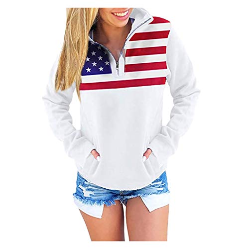 BOTCAM Damen Sweatshirt mit USA-Flagge, lässiger gestreifter Druck, Pullover mit Reißverschluss, amerikanischer patriotischer Pullover Casual Oberteile Tops Frühling Herbst Langarmshirt Sweatshirts von BOTCAM