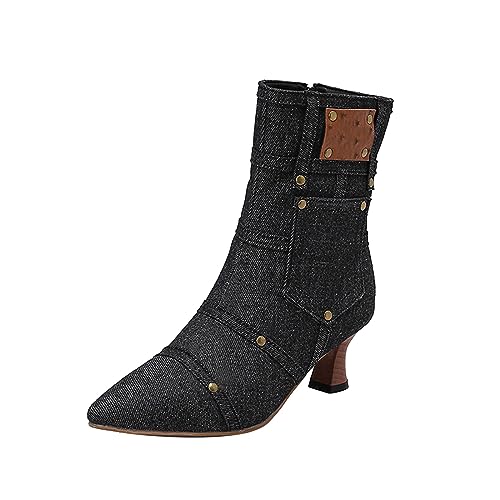 BOTCAM Damen Vintage Stiefeletten Gothic Lederstiefel Spitz Halbschaft Stiefel Mit Absatz Mittelalterliche Retro Knöchelstiefel Mit Seitlichem Reißverschluss Ankle Boots Hochzeit Oktoberfest von BOTCAM