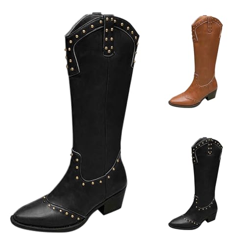BOTCAM Damen Westernstiefel Cowboystiefel Mit Nieten Blockabsatz PU-Leder Retro Cowboystiefel Wasserdicht Renaissance-Schlupfstiefel Schlupfdesign Wadenlang Mittelhoher Stiefeletten Übergangsstiefel von BOTCAM