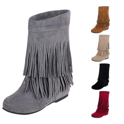 BOTCAM Damen Westernstiefel Mit Quasten Halbschaft Cowboystiefel Renaissance-Schlupfstiefel PU-Leder Stiefeletten Retro Stiefel Ankle Boots Halbhohe Sommerstiefel Damenstiefel Übergangsstiefel von BOTCAM