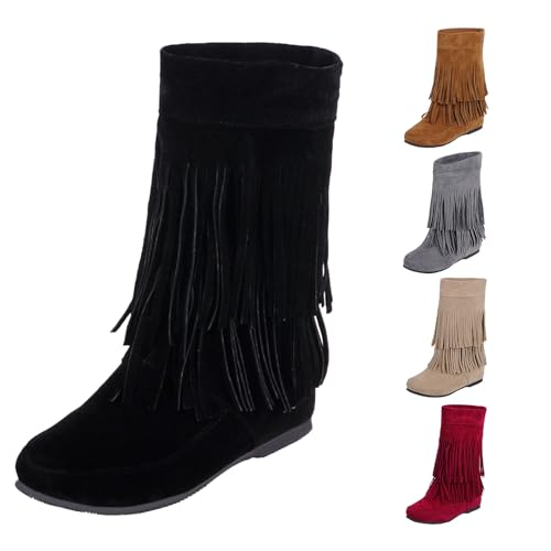 BOTCAM Damen Westernstiefel Mit Quasten Halbschaft Cowboystiefel Renaissance-Schlupfstiefel PU-Leder Stiefeletten Retro Stiefel Ankle Boots Halbhohe Sommerstiefel Damenstiefel Übergangsstiefel von BOTCAM
