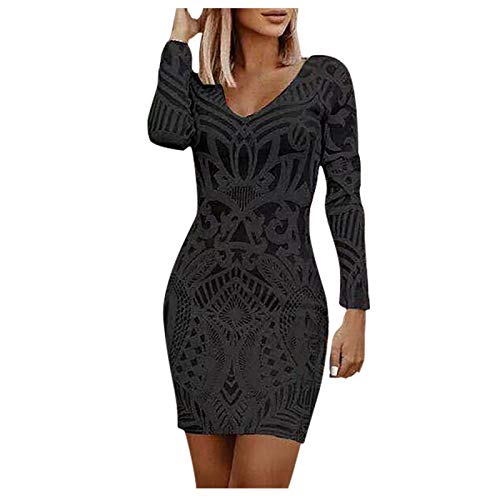 BOTCAM Etuikleid für Damen Sexy Vintage Bedrucktes Figurbetontes Kleid V-Ausschnitt Langarm-Taschen-Hüftkleid Club-Kleid Party Kleid Mode Sexy Frühling und Herbst Mini Kleid Knielang Kleider von BOTCAM