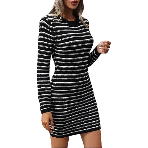 BOTCAM Frauen Casual Reine Farbe Pullover Kleid Herbst Winter 2023 O Gestrickte Lange Ärmel Lose Mini Kleid Sexy Winterkleid (Z2-Black, M) von BOTCAM