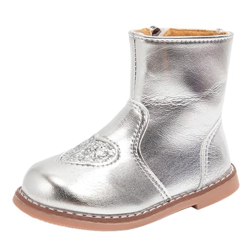 BOTCAM Girls Spring Autumn Winter Love Children's Ankle Boots Little Girls Side Zipper Western Style Two Cotton Fashion Warm Boots Gefüttert Kinder (Silver, 24 Toddler) von BOTCAM