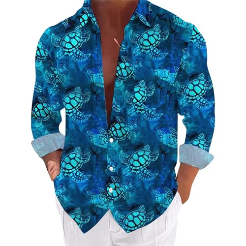 BOTCAM Hawaii Hemd Männer 2024 Sommer Schildkröte Muster Hawaii Hemd Langarm Strand Freizeithemde Schnelltrocknend Urlaubhemd Herren Sportlich Strandhemd Regular Fit mit Brusttasche von BOTCAM