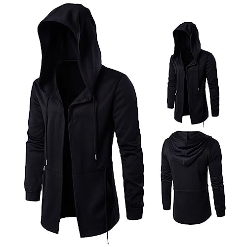 BOTCAM Herren Cardigan Schwarz Hooded Mittelalter Umhang Vintage Kapuzenpullover Lang Freizeitjacke Leicht Sportjacke Herren Atmungsaktiv Parkour Cardigan Punk Hemdjacke M-5XL von BOTCAM