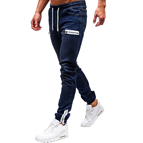 BOTCAM Herren SchlupfJeans mit Gummiband Schnürhose Tasche Jogginghose Cargo Chinohose Jeans Reißverschluss Dekoration Streetwear Arbeitsjeans Herren Slim fit Stretch Freizeithosen von BOTCAM