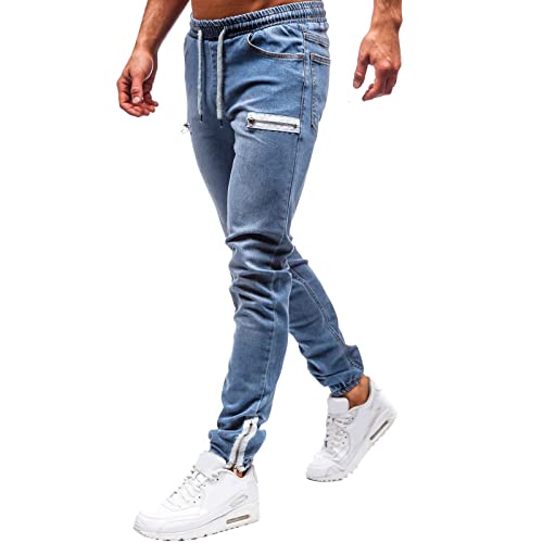 BOTCAM Herren SchlupfJeans mit Gummiband Schnürhose Tasche Jogginghose Cargo Chinohose Jeans Reißverschluss Dekoration Streetwear Arbeitsjeans Herren Slim fit Stretch Freizeithosen von BOTCAM