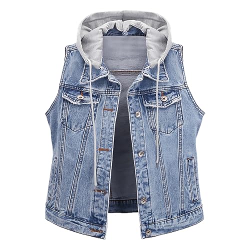 BOTCAM Jeans Westen Ohne ärmel Damen - Jeansjacke übergangsjacke mit Kapuze Ärmellose Übergangsweste Steppweste Große Größen Kapuzenweste Denim Jacket Jacke Vintage Outdoorjacke S-5XL von BOTCAM