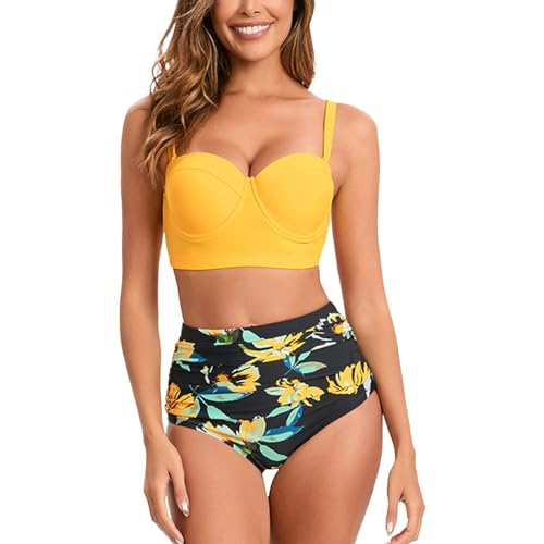BOTCAM Kleidung Senioren Hoch taillierter Tankini-Badeanzug für Damen mit Neckholder und geknotetem zweiteiligem Tankini-Set Tops Strick (Yellow, S) von BOTCAM