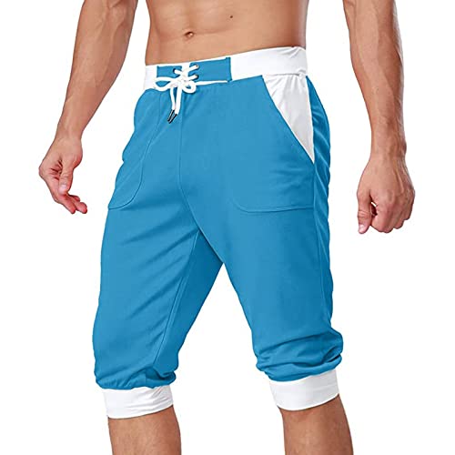 BOTCAM Kurze Hose f. Herren Patchwork Jogginghose 3/4 Knielange Shorts Sport Sommer Bermuda Caprihose Halblang Freizeithose Gummibund Schnürhose Atmungsaktiv Stoff Fitness Trainingshosen Sweatshorts von BOTCAM