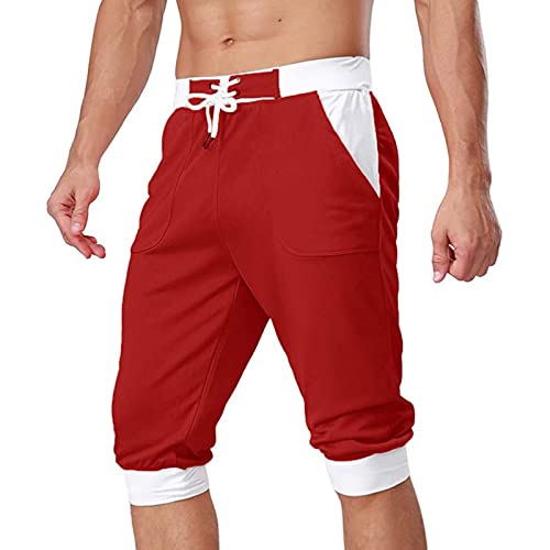 BOTCAM Kurze Hose f. Herren Patchwork Jogginghose 3/4 Knielange Shorts Sport Sommer Bermuda Caprihose Halblang Freizeithose Gummibund Schnürhose Atmungsaktiv Stoff Fitness Trainingshosen Sweatshorts von BOTCAM