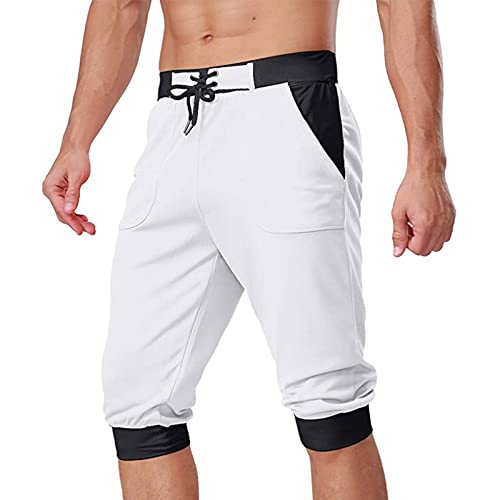 BOTCAM Kurze Hose f. Herren Patchwork Jogginghose 3/4 Knielange Shorts Sport Sommer Bermuda Caprihose Halblang Freizeithose Gummibund Schnürhose Atmungsaktiv Stoff Fitness Trainingshosen Sweatshorts von BOTCAM