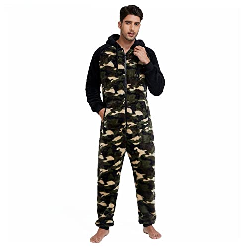 BOTCAM Männer Kunstwolle Langarm Pyjama Lässig Einfarbig Reißverschluss Lose Mit Kapuze Overall Pyjama Lässig Winter Warm Rompe 1 Stück Anzug Fleece Auf Nachtwäsche Jumpsuit Sommer (Camouflage-A, XXL) von BOTCAM