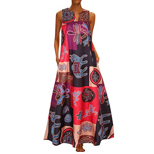 BOTCAM Maxikleider Damen Elegant Hochzeit Abendkleid Frauen Retro Blumendruck Rundhals ärmellos Strandkleid Damen GroßE GrößEn Sommer Lose Freizeitkleid Langes Sommerkleid Cocktailkleid von BOTCAM