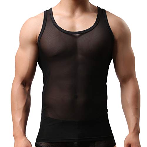 BOTCAM Ohne Arm Herren Slim Tank Top aus Stretch Mesh, Transparent Unterhemd Männer Netzshirt Netzhemd Ärmellos Muskelshirt Sexy Dessous Unterwäsche Clubwear von BOTCAM