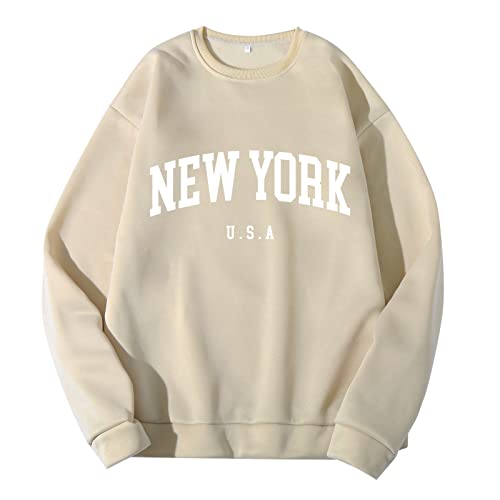 BOTCAM Pulli Schwarz New York Herren Damen Letter Graphic Print Langarm Rundhals Tops Sweatshirt Sweatshirt Herren Fell von BOTCAM