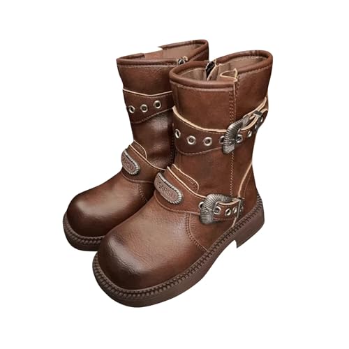 BOTCAM Retro Color Brushed Children's Boots Mid High Western Cowboy Boots Girls Leather Boots Schneeschuhe Kinder 36 Wasserdicht (Brown, 27 Little Child) von BOTCAM
