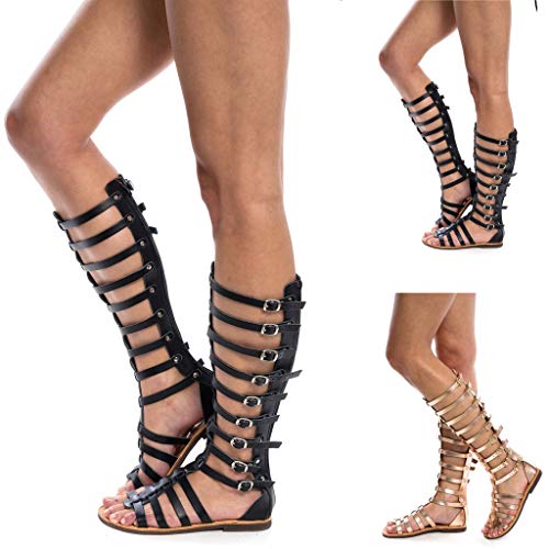 BOTCAM Schuhe Sandalen Damen Gladiator RöMisch Sandalen Sommer Strand Sandals Riemchensandalen Knie Hohe Stiefel Peep Toe SchnüRschuhe Elegant Kniehohe Freizeitsandalen Sommerschuhe von BOTCAM