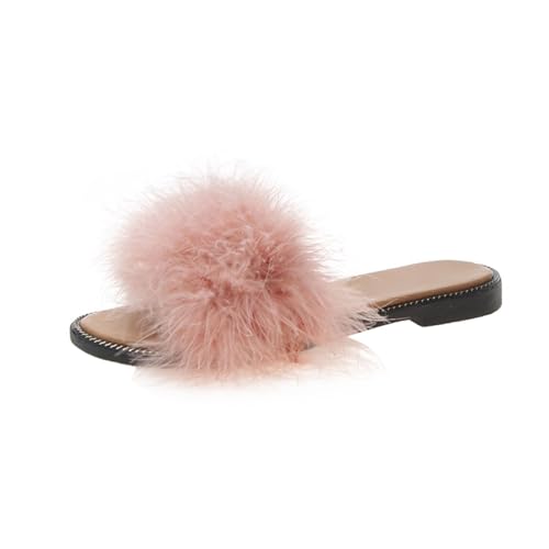 BOTCAM Sommer Strand Sommerschuhe Mit Plüsch Damen Leicht Bequeme Schlappen Schuh-Verzierungen Feste Gummi Sohle Hausschuhe Plateau Weich Fußbett Offene Zehen Slipper Mode Elegant Schuhe von BOTCAM
