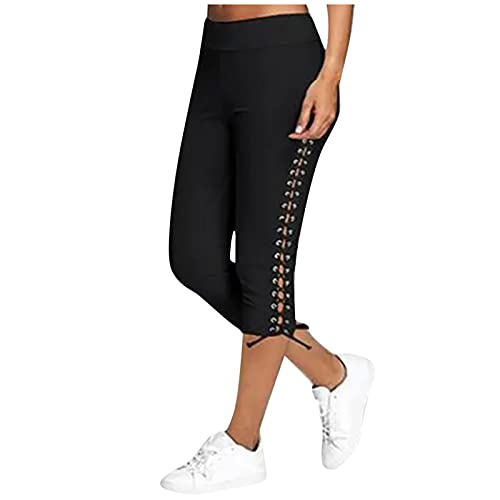 BOTCAM Sommerhose Damen Leicht 3/4 Elegant Caprihose Sommer Stretch High Waist Radlerhose Blickdicht Freizeithose 7/8 Länge Stoffhose Kurze Leggings Laufhose Damen Schwarz Sport Leggings Sommershorts von BOTCAM