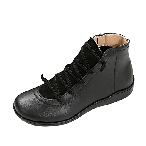 BOTCAM Stiefeletten Damen Mode Schnüren Reißverschluss Boots Flache Absatz Casual Stiefel Slip On Short Booties Damen Vintage Einfache Lederstiefel Rutschfest PU Leder Knöchel Schuhe von BOTCAM