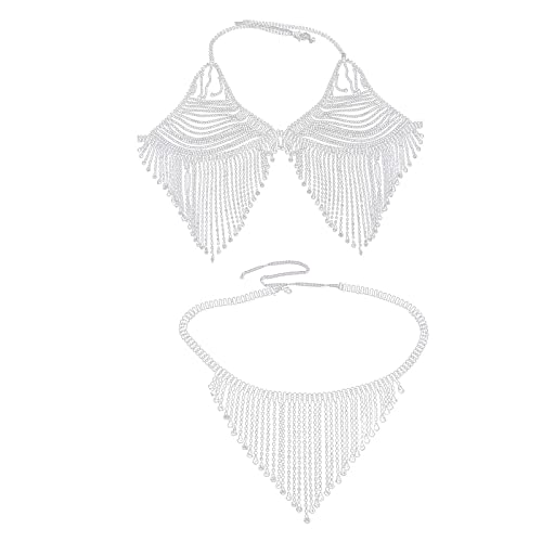 BOTCAM Strass-Körperketten-Set, sexy glänzende Quaste, Kleidungsshow, trendige Unterwäscheshow Hase Dessous (Silver, C) von BOTCAM