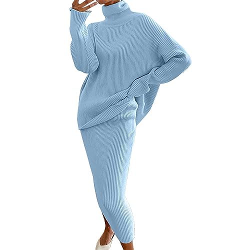 BOTCAM Strick Set Damen Zweiteiler Rock - Strickanzug Partyanzug Hochkragen Langarm Strickpullover und Rock Set Winter Warm Maxikleid Pulloverkleid Elegant Bekleidungssets Hausanzug von BOTCAM