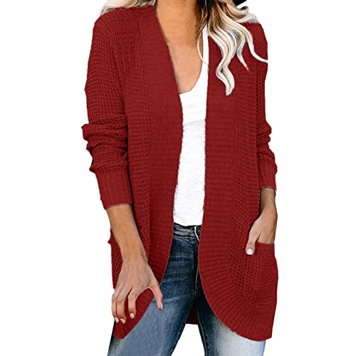 BOTCAM Strickjacke Damen, Lang Einfarbige Grobstrick Strickcardigan, Damen Herbst Winter Waffel Strickmantel, Casual Langarm Open Front Sweater Cardigan Outwear mit Tasche Leichte Strickpulli von BOTCAM